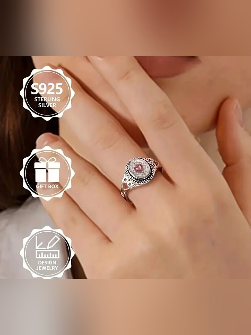 Sterling Silver Heart Filigree Ring - Pink Accent